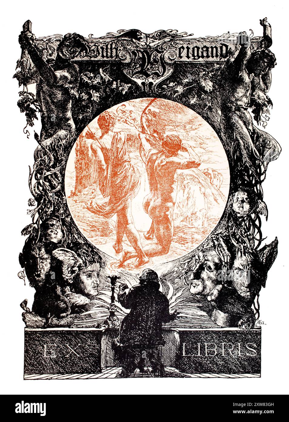 1890s two colour bookplate design for Wilhelm Weigand with ancient gods by German painter and graphic designer Otto Greiner Stock Photo