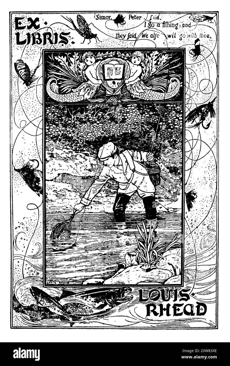 1897 fishing themed personal bookplate, angler in river, by British born American artist Louis John Rhead Stock Photo