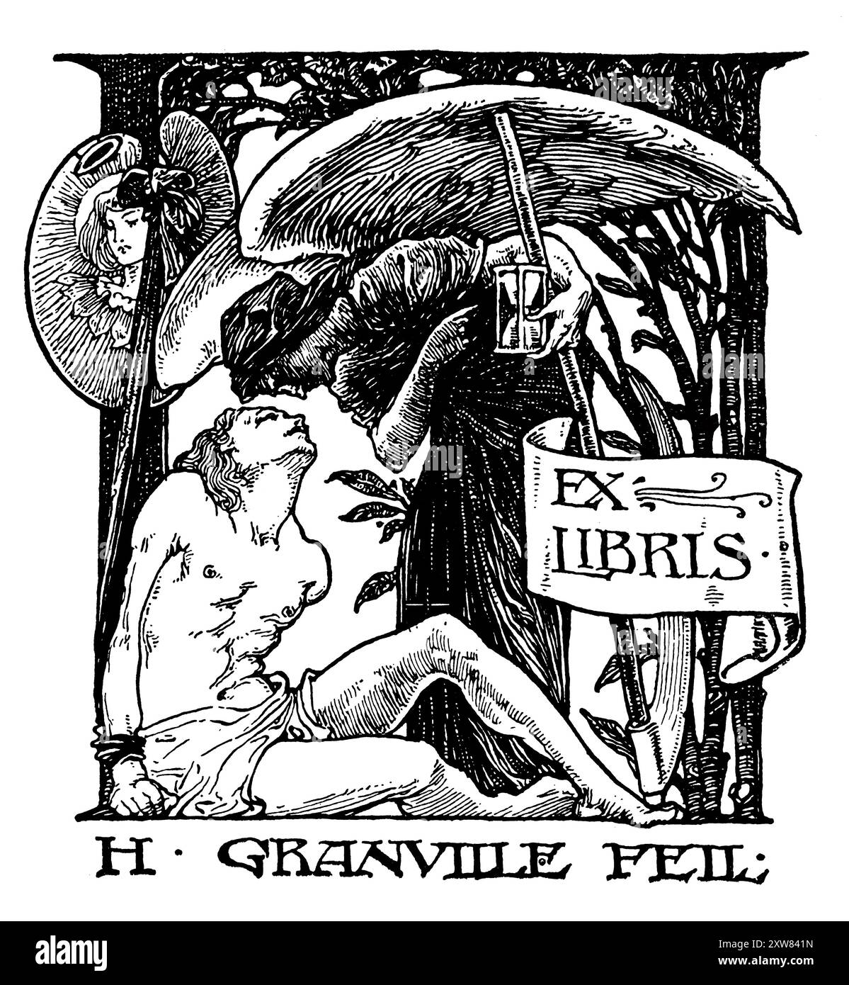 1890s Old Father Time themed personal bookplate, by British painter, illustrator, designer, editor, teacher and art-critic Herbert Granville Fell Stock Photo