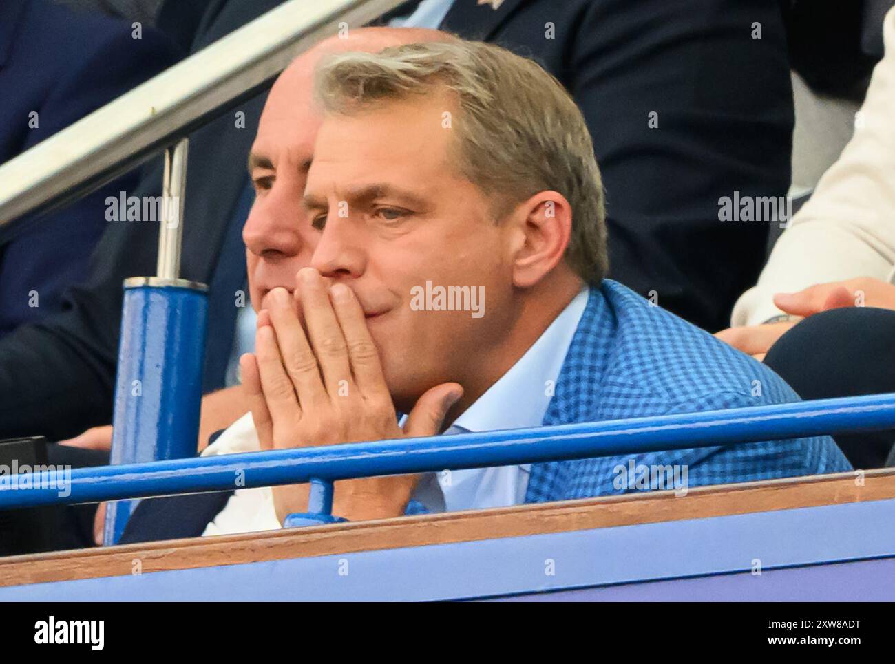 London, UK. 18th Aug, 2024  - Chelsea v Manchester City - Premier League - Stamford Bridge.                                                               Chelsea owner Todd Boehly watches on against against Manchester City. Picture Credit: Mark Pain / Alamy Live News Stock Photo