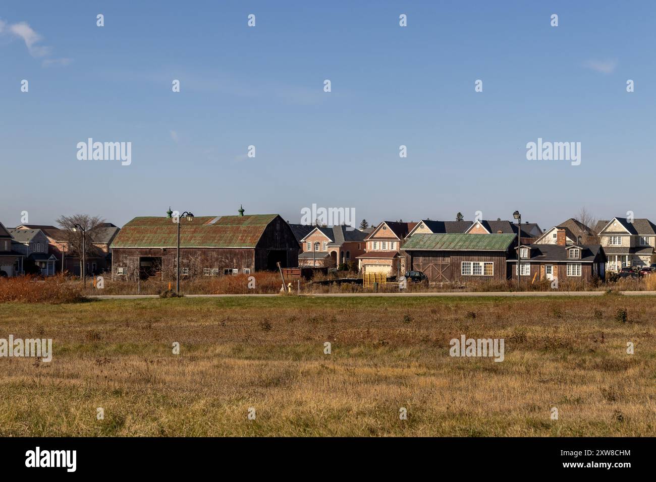 Sunlit suburban landscape with rustic barn - clear blue sky over a row of modern homes - contrast between rural and urban living. Taken in Toronto, Ca - Stock Image