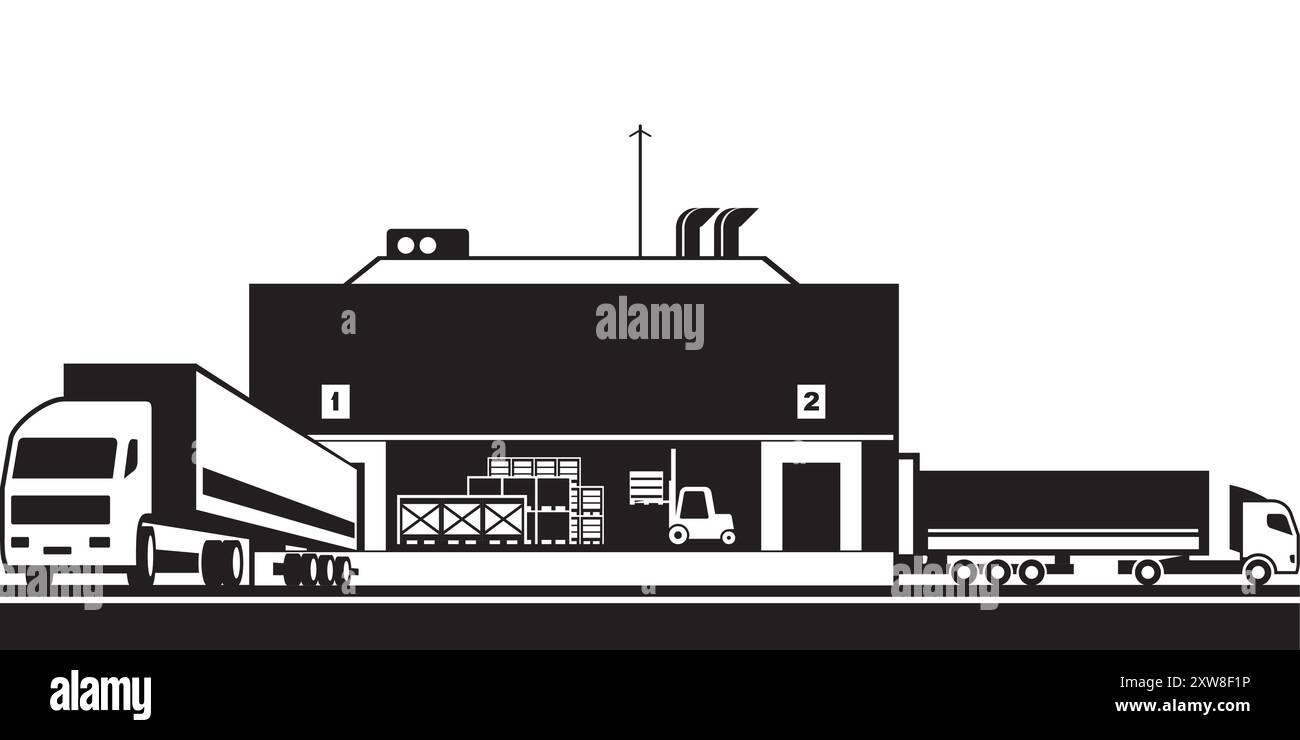 Trucks loading and unloading goods in warehouse - vector illustration ...