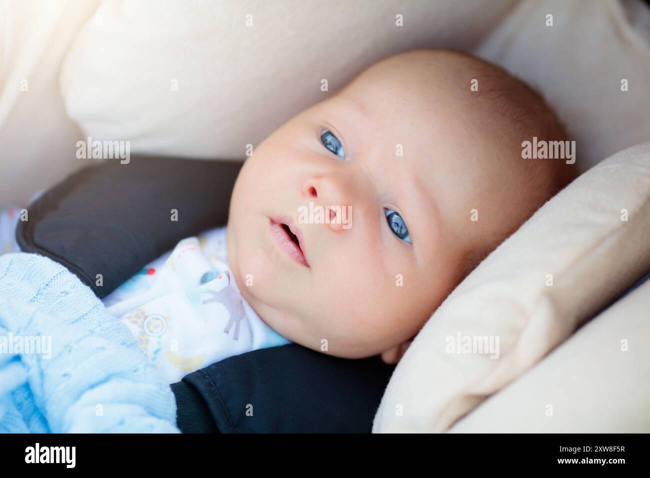 Newborn baby in car seat. Safe transportation of infant after hospital birth. Kids safety. Family driving home with child in car seat. Stock Photo