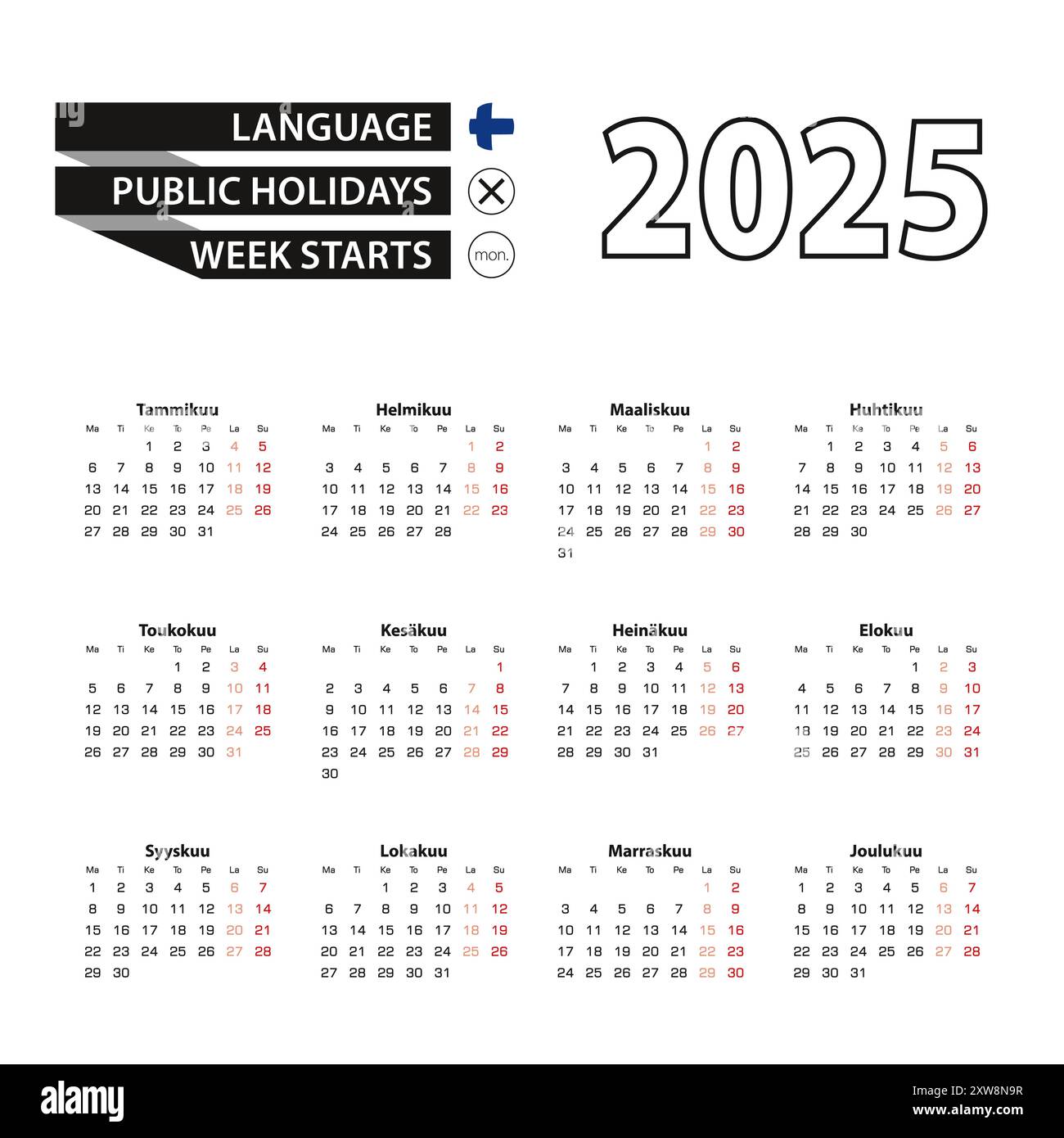 Calendar 2025 in Finnish language, week starts on Monday. Vector ...