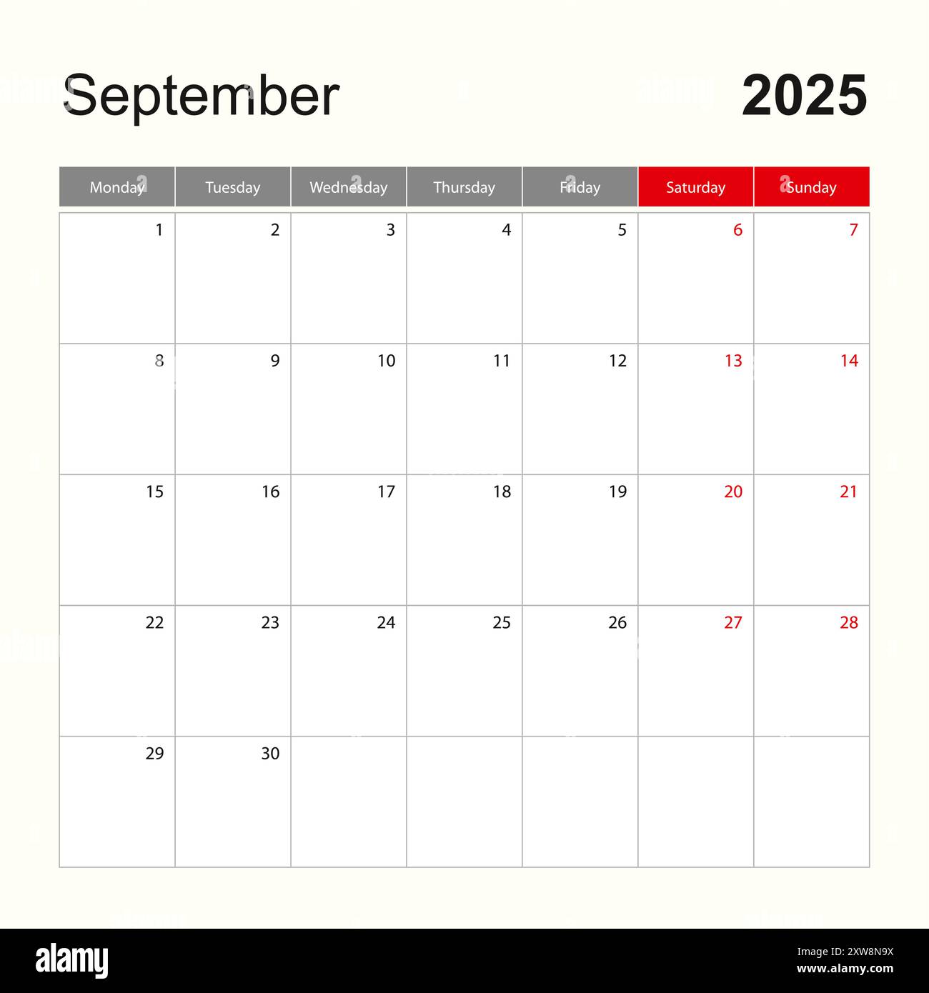 wall-calendar-template-for-september-2025-holiday-and-event-planner-week-starts-on-monday-vector-template-stock-vector-image-art-alamy