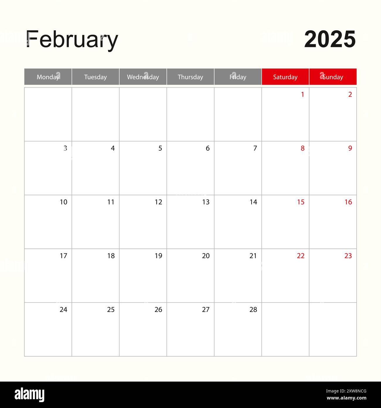 Wall calendar template for February 2025. Holiday and event planner