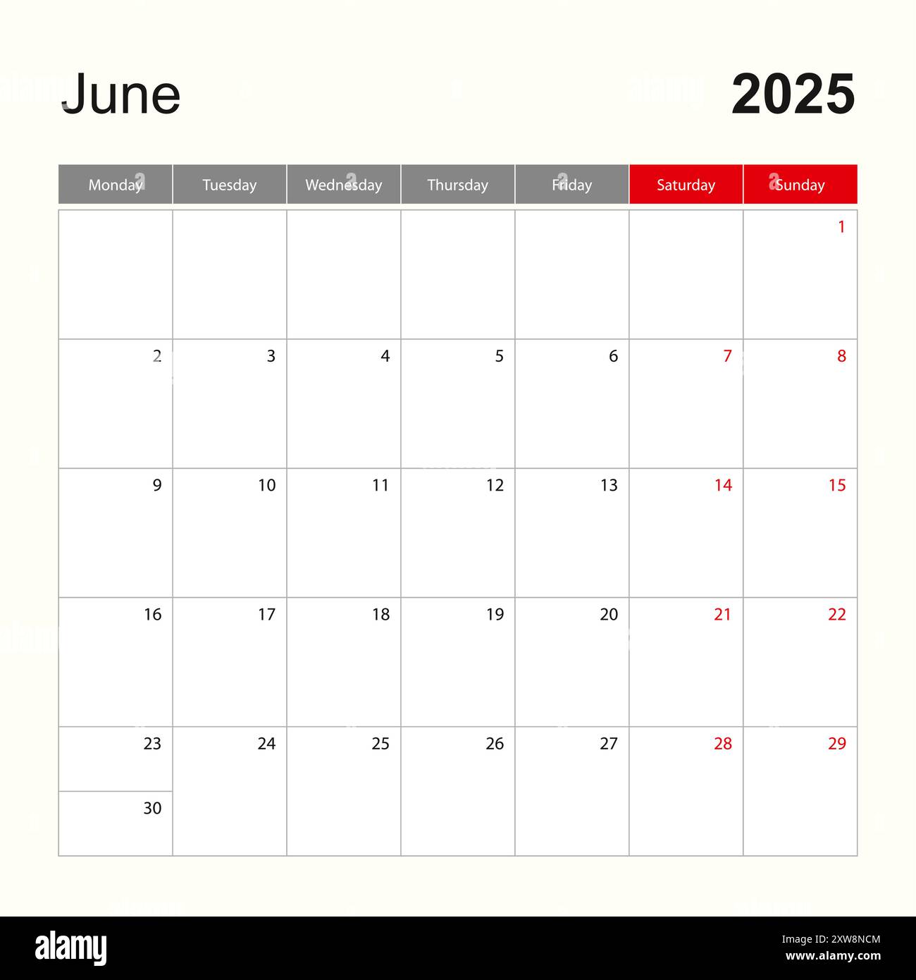 Wall calendar template for june 2025. holiday and event planner, week  starts on monday. vector template stock vector image & art - alamy