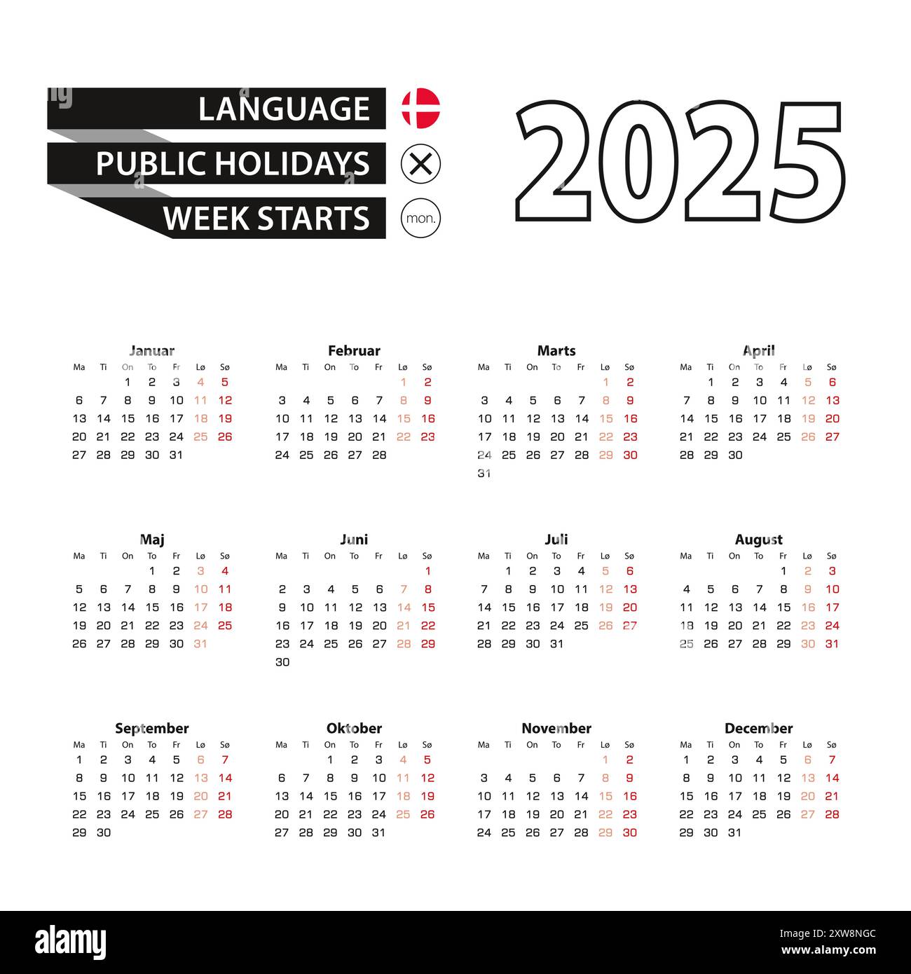 Calendar 2025 in Danish language, week starts on Monday. Vector