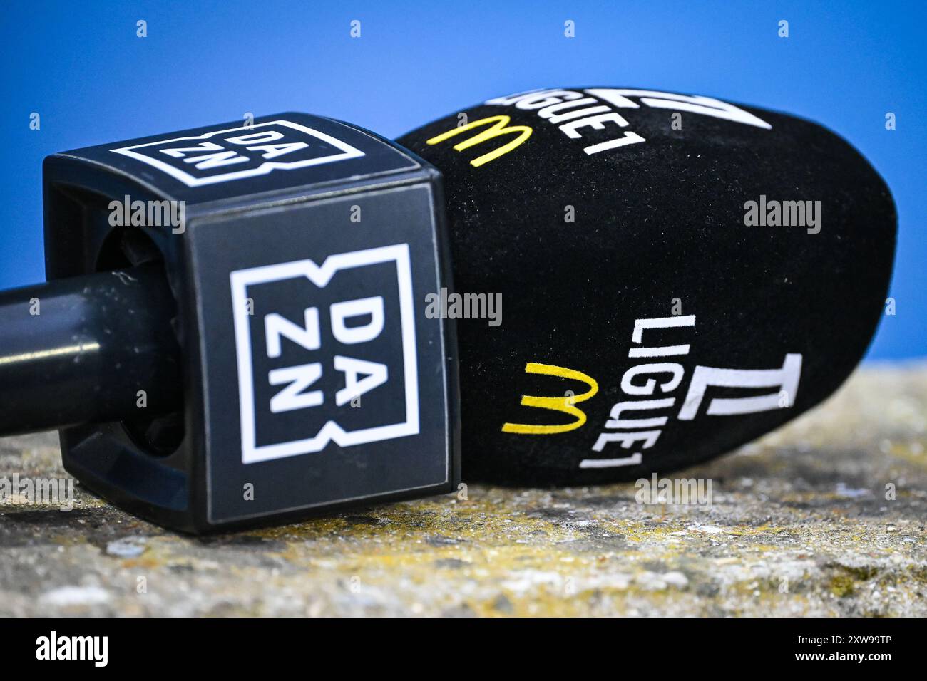 Le Havre, France. 16th Aug, 2024. Illustration of the microphone with the official Ligue 1 McDonald's and DAZN logo during the French championship Ligue 1 football match between Le Havre AC and Paris Saint-Germain on 16 August 2024 at Oceane stadium in Le Havre, France - Photo Matthieu Mirville/DPPI Credit: DPPI Media/Alamy Live News Stock Photo