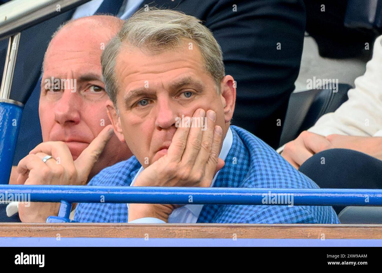 London, UK. 18th Aug, 2024  - Chelsea v Manchester City - Premier League - Stamford Bridge.                                                               Chelsea owner Todd Boehly watches on against against Manchester City. Picture Credit: Mark Pain / Alamy Live News Stock Photo