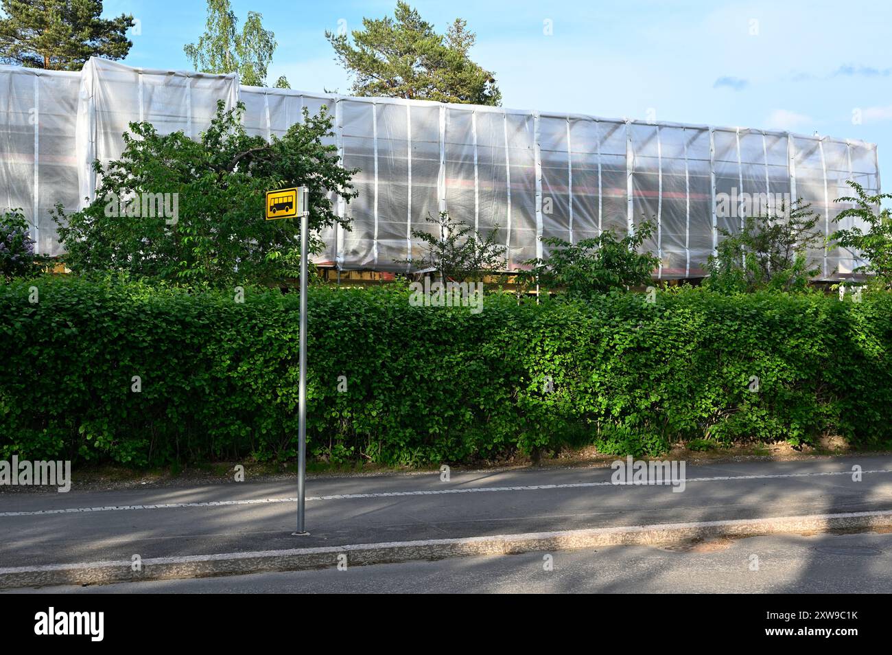 This image showcases a suburban street scene featuring a bus stop sign positioned in front of a green hedge. Behind the hedge, a building under constr Stock Photo