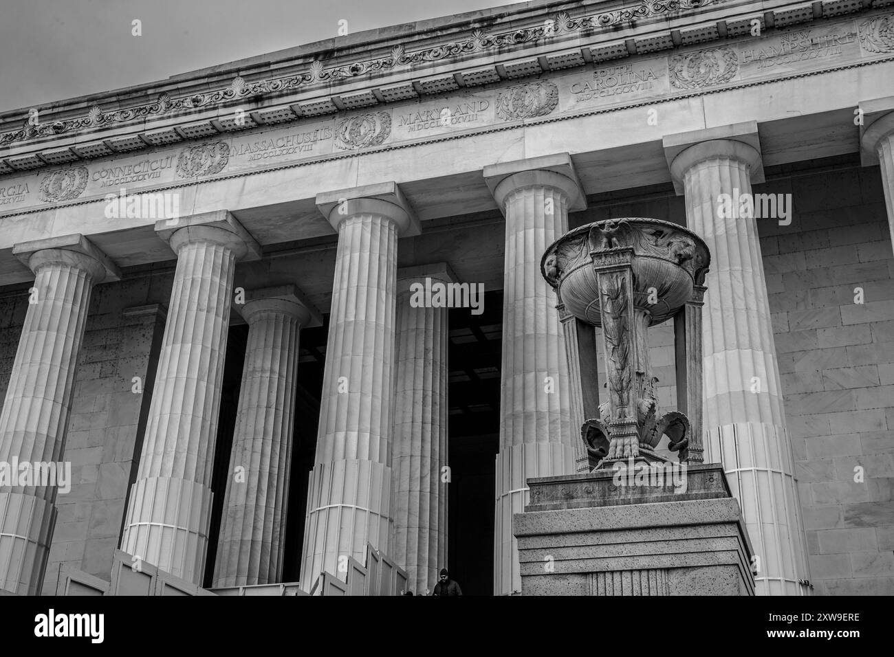 Washington DC – US – Mar 22, 2024 A black and white of the neoclassical Lincoln Memorial, a Doric styled columned temple, with a large interior statue Stock Photo