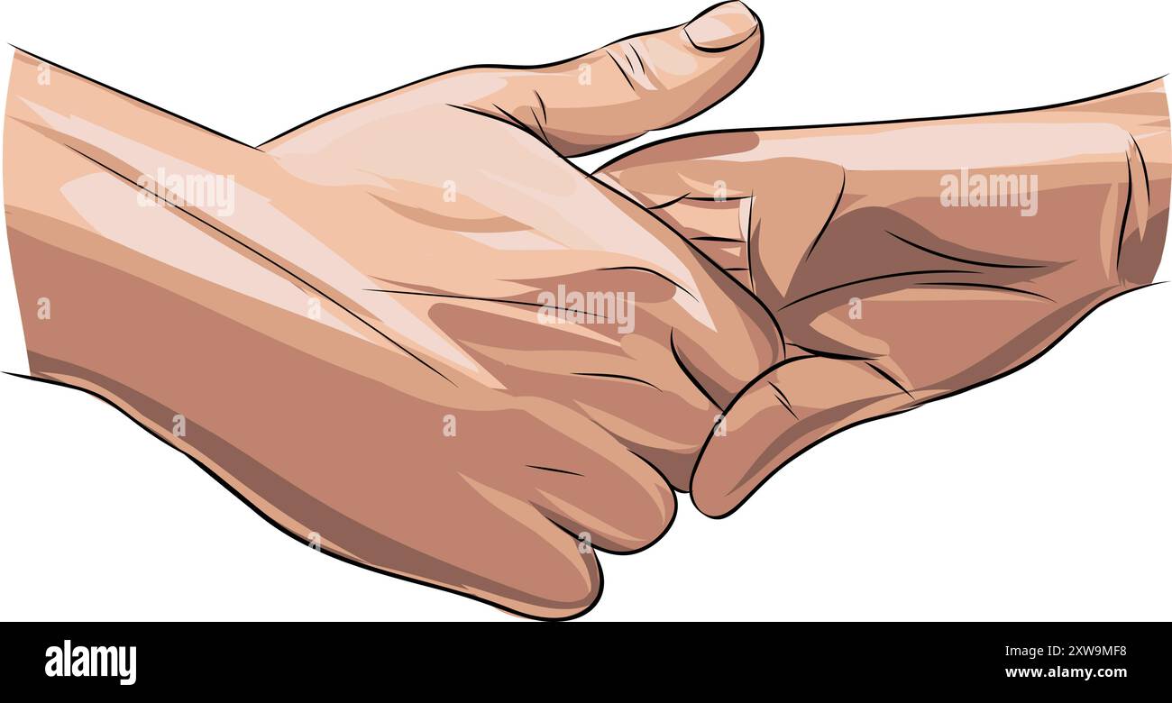 Helping hand concept. Gesture, sign of help and hope. Two hands taking each other. Line art illustration Stock Vector