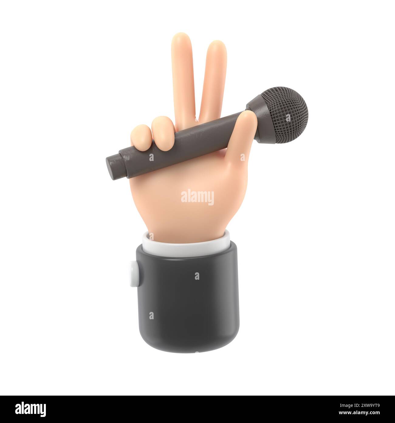 Cartoon Gesture Icon Mockup.Cartoon hand holding microphone and showing victory gesture. 3D rendering on white background. Stock Photo