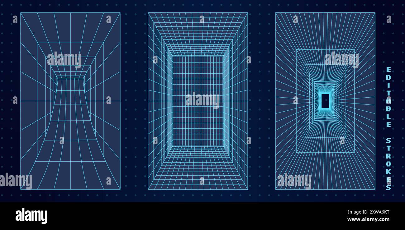 Futuristic 3D Tunnels with Editable Grid Mesh Stock Vector