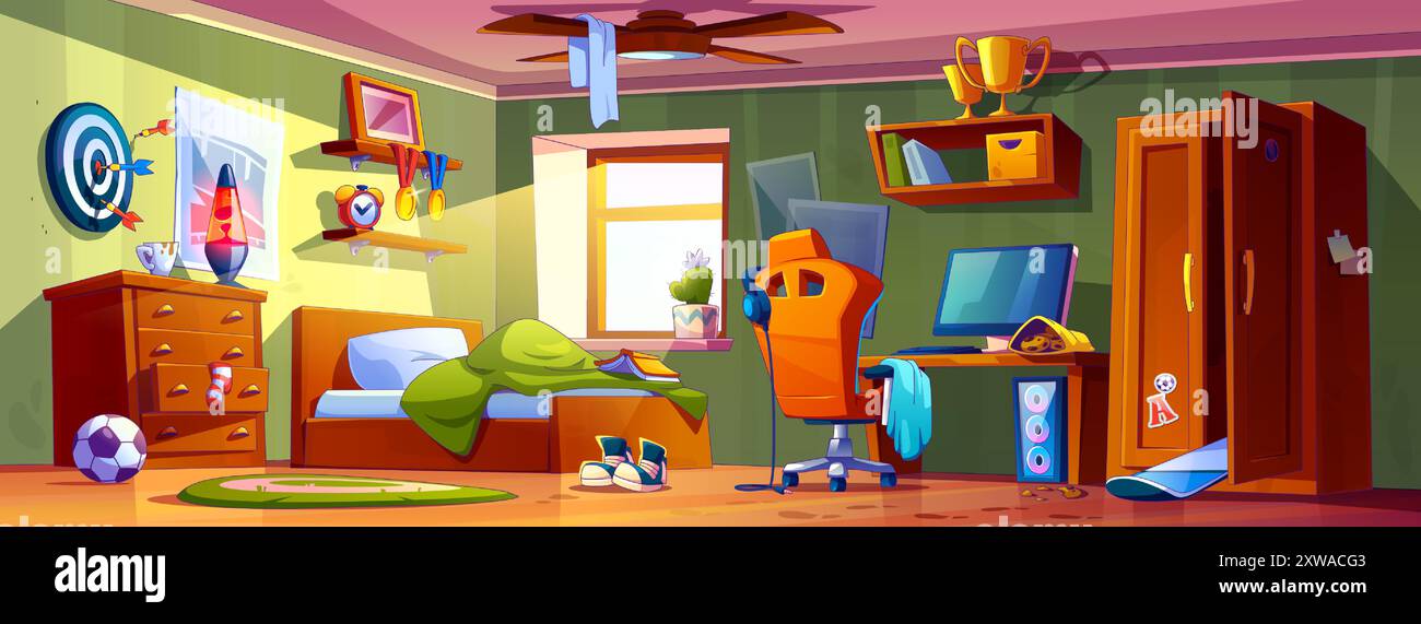 Messy chaos teenage boy room interior with scattered clothes and sport inventory on bed and wardrobe cabinet, food snacks on computer table, dirty cup on drawer and spots on floor. Cartoon vector. Stock Vector