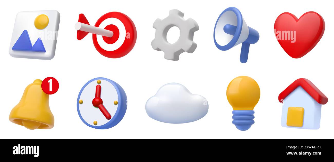 3d icons. Home, play heart and star target lighting, realistic web button objects or business bulb elements. Simple lightbulb and megaphone, cloud and clock. Vector cartoon isolated social media set Stock Vector