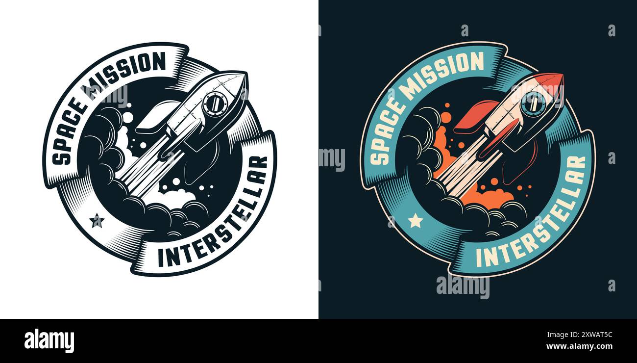 Rocket ship with a stylized flame - retro logo Stock Vector Image & Art ...