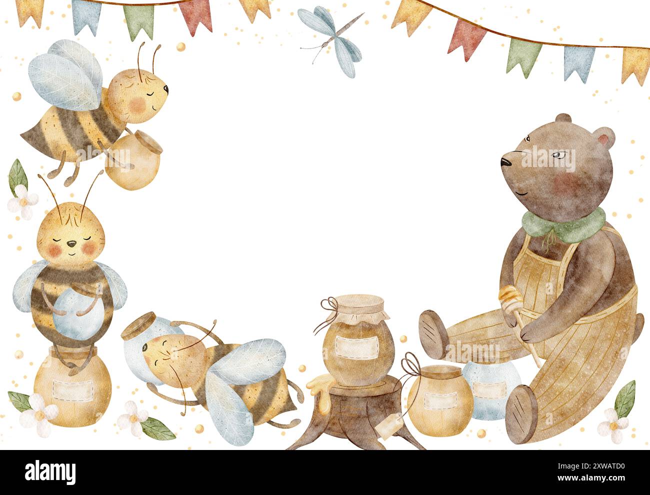 Cute bear and bees party with honey jars horizontal frame illustration ...
