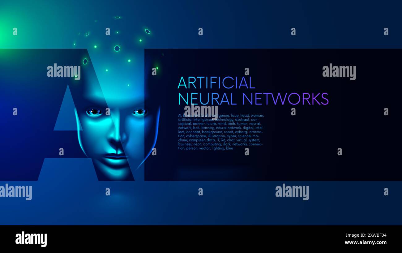 AI or Artificial Intelligence in image face or head woman with lighting brain. Artificial Intelligence technology abstract conceptual banner. Future t Stock Vector