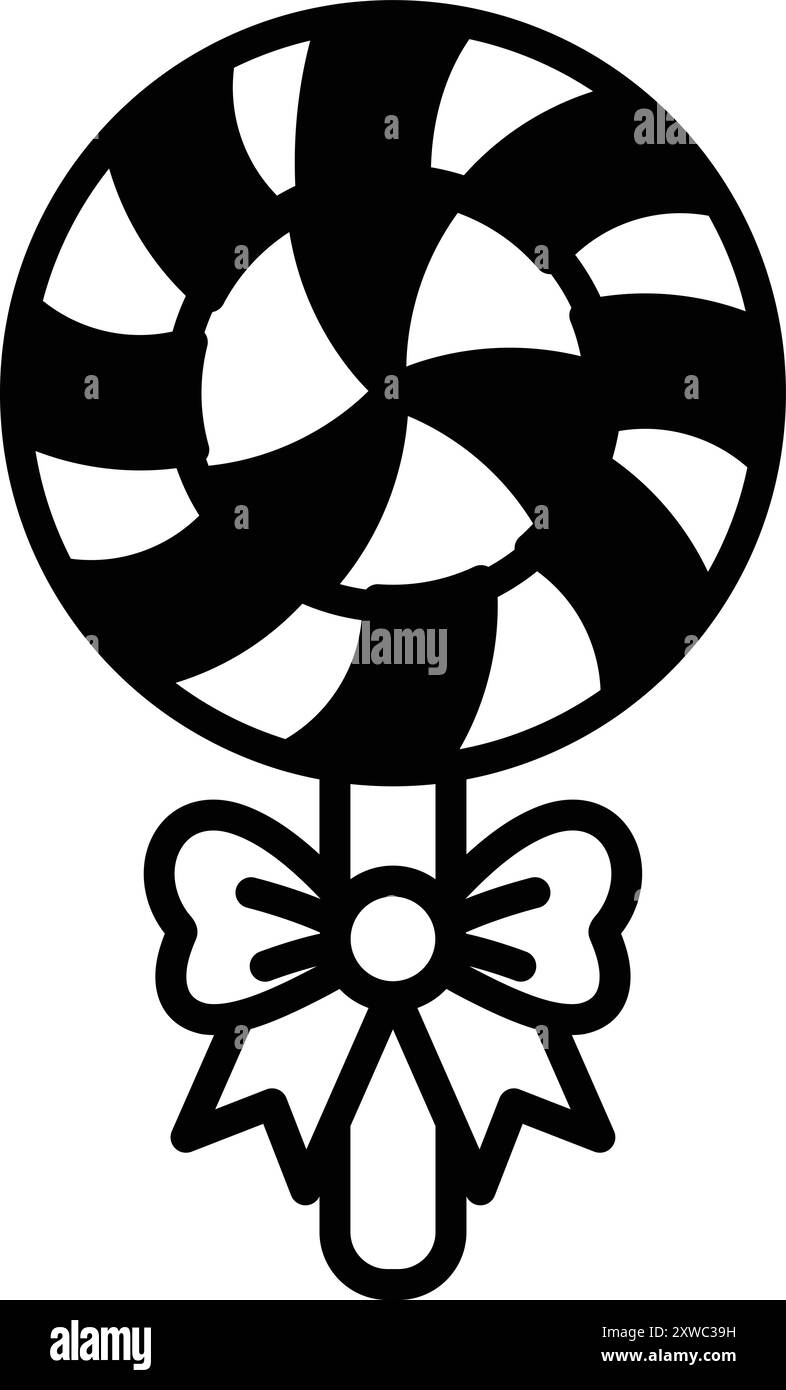 A black and white drawing of a candy cane with a bow on it. The image has a whimsical and playful mood Stock Vector