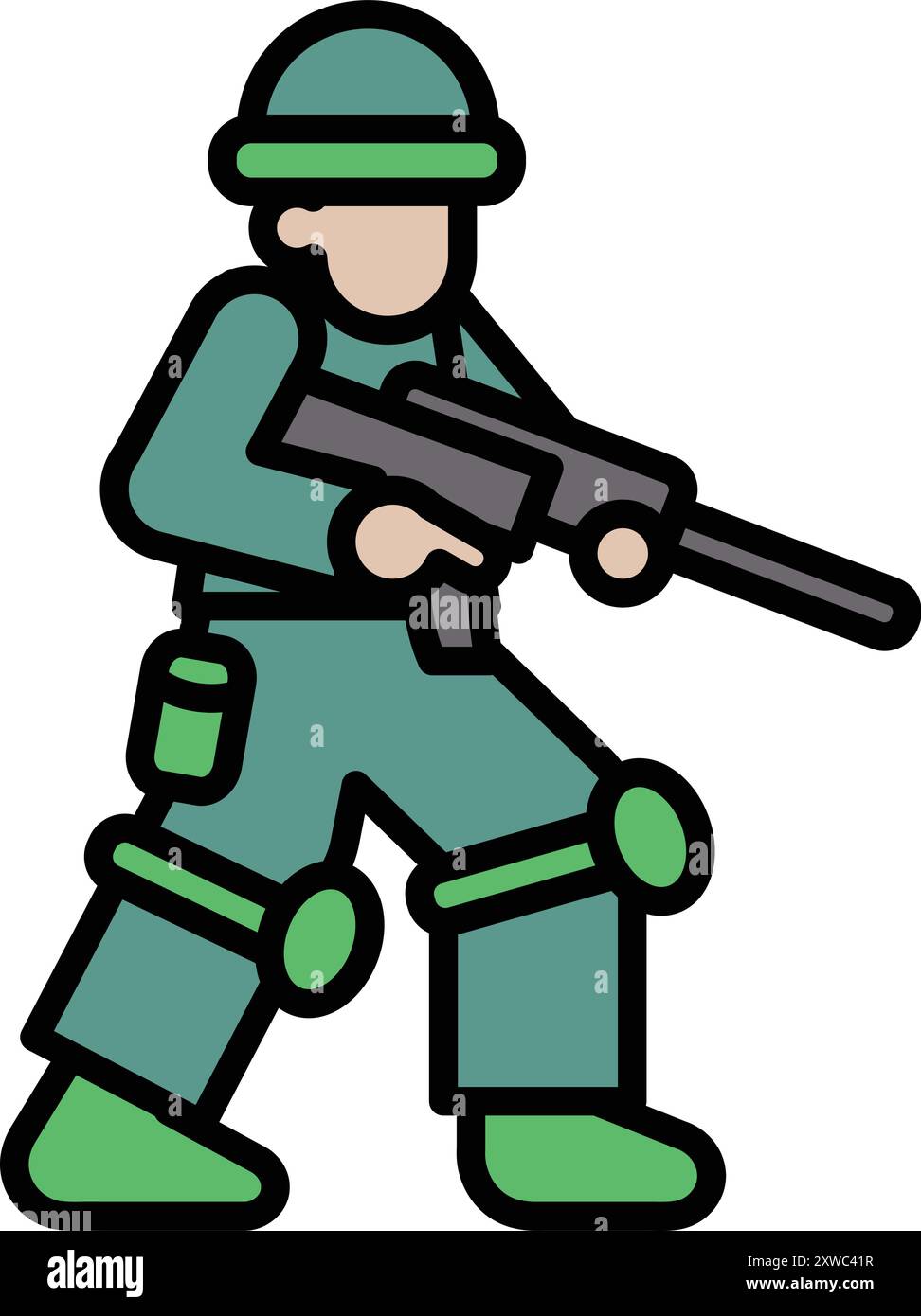 A soldier is holding a gun and wearing a helmet. Concept of duty and readiness for action Stock Vector