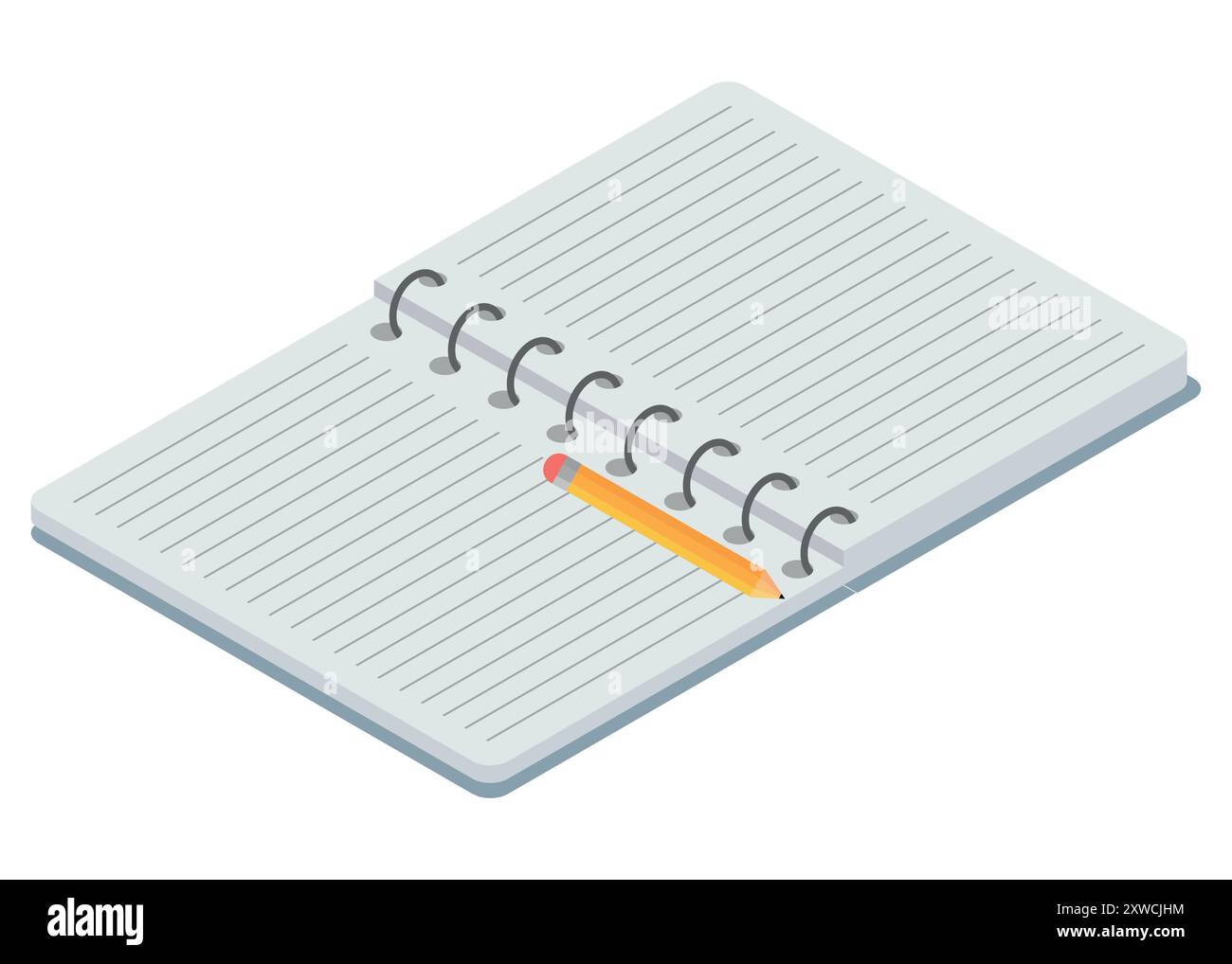 An open notebook featuring lined pages alongside a pencil, perfect for jotting down various notes or ideas promptly Stock Vector