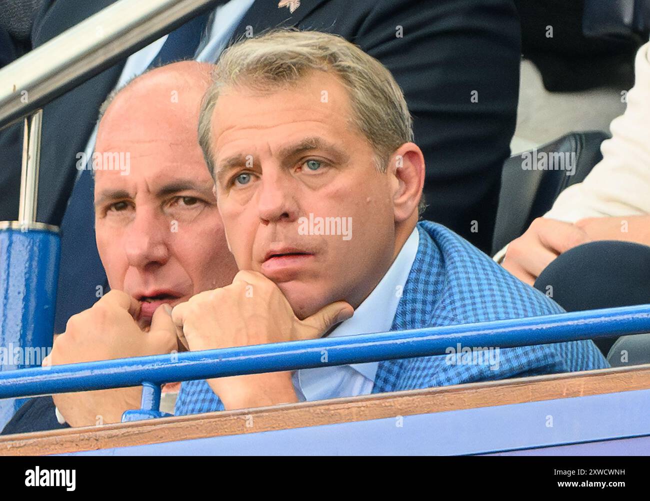 London, UK. 18th Aug, 2024  - Chelsea v Manchester City - Premier League - Stamford Bridge.                                                               Chelsea owner Todd Boehly watches on against against Manchester City. Picture Credit: Mark Pain / Alamy Live News Stock Photo