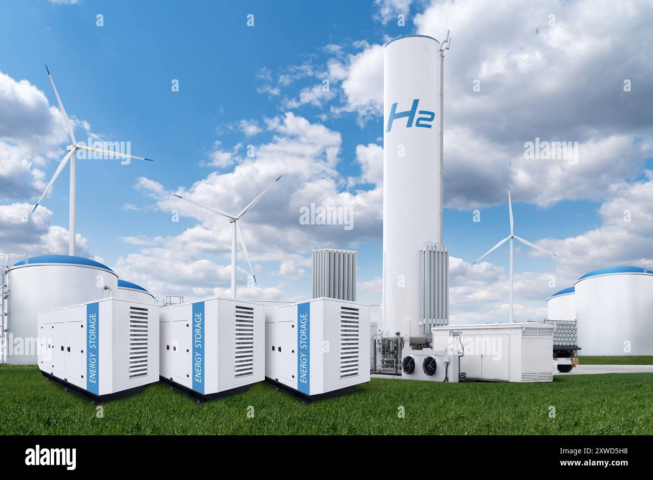 Hydrogen factory with energy storage concept. Green hydrogen production ...