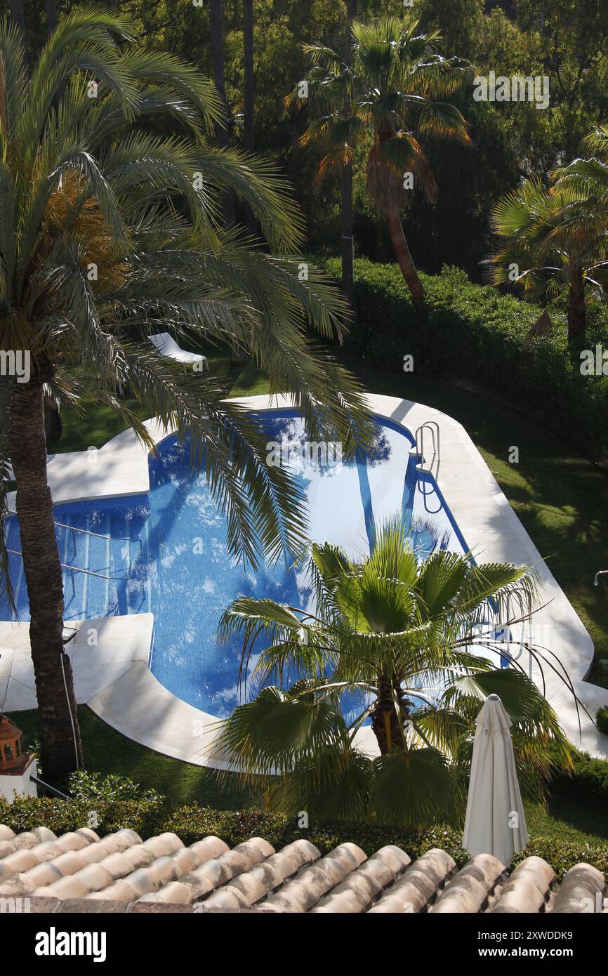 Reflections In A Swimming Pool In A Lush Green Garden In Marbella 
