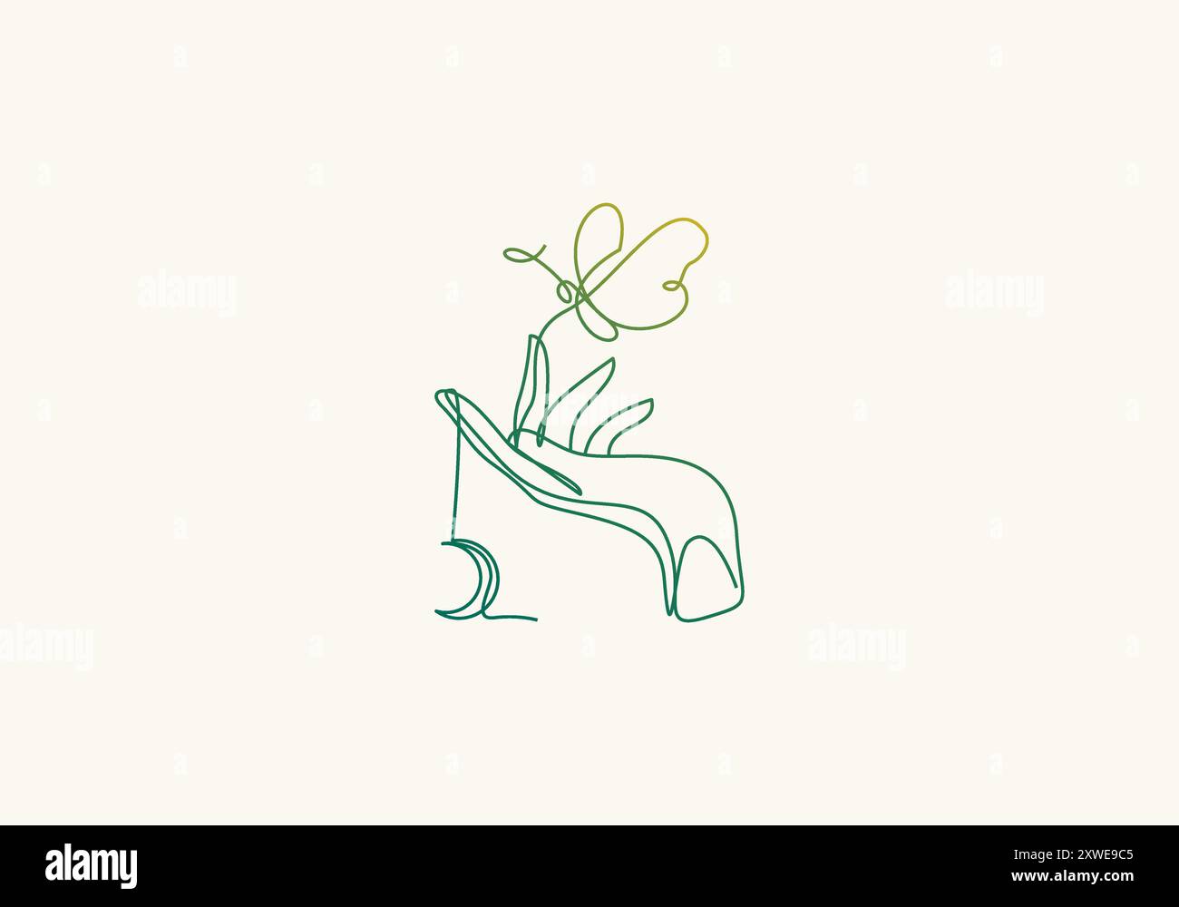 Logo Line Hand Butterfly and Moon, Feminist Boho and Minimalist. Editable File Stock Vector
