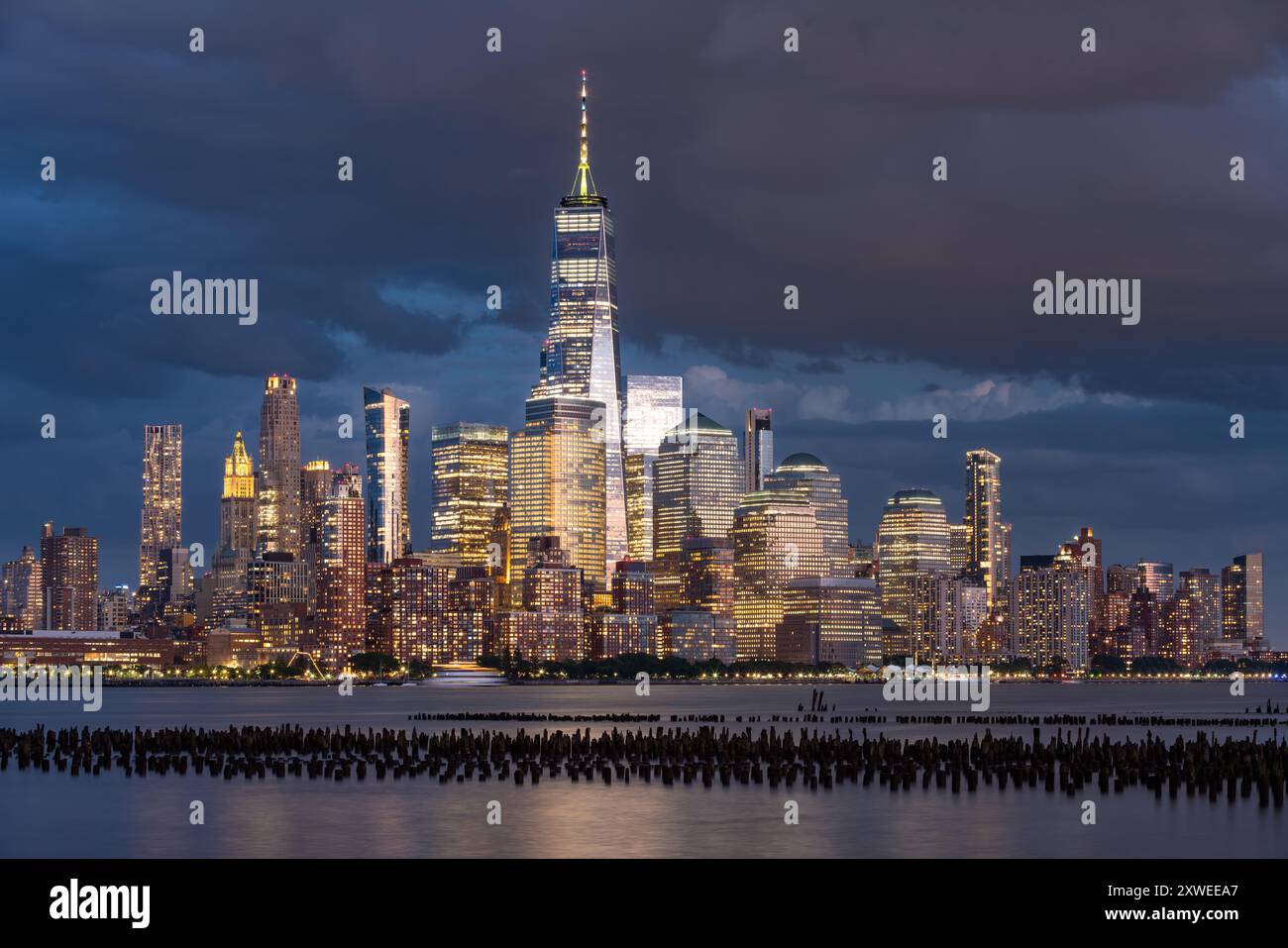 New York City skyline at dusk from the Hudson River with World Trade ...