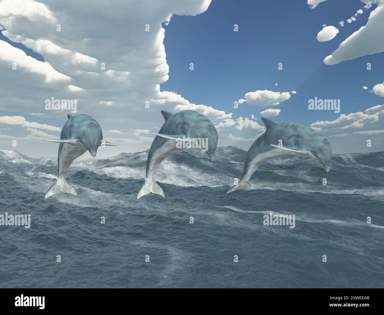 Jumping dolphins in stormy sea Stock Photo