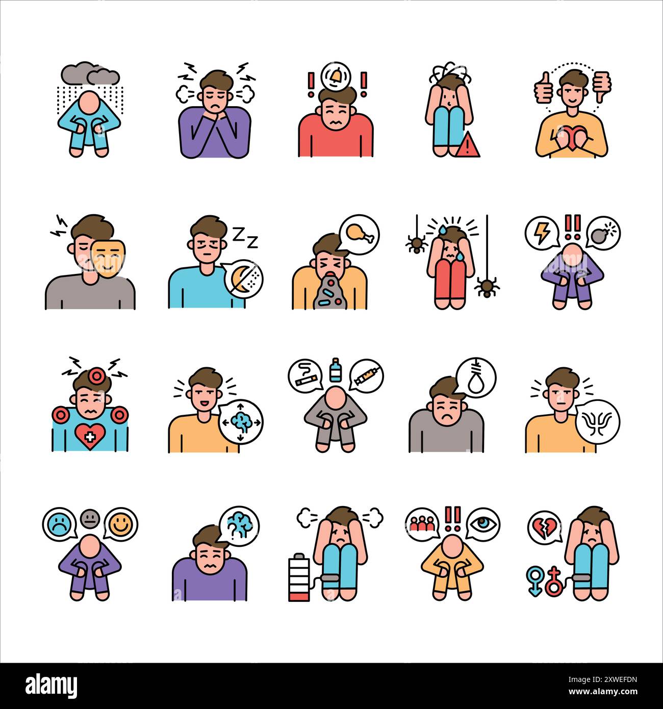 Psychological diseases line color icons set. Signs for web page, mobile ...