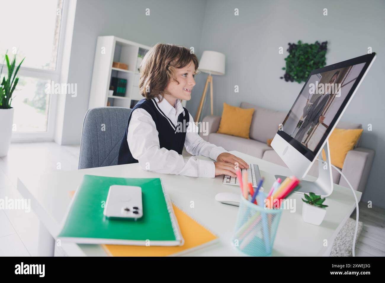 Portrait of charming learner boy sitting chair desktop use computer ...