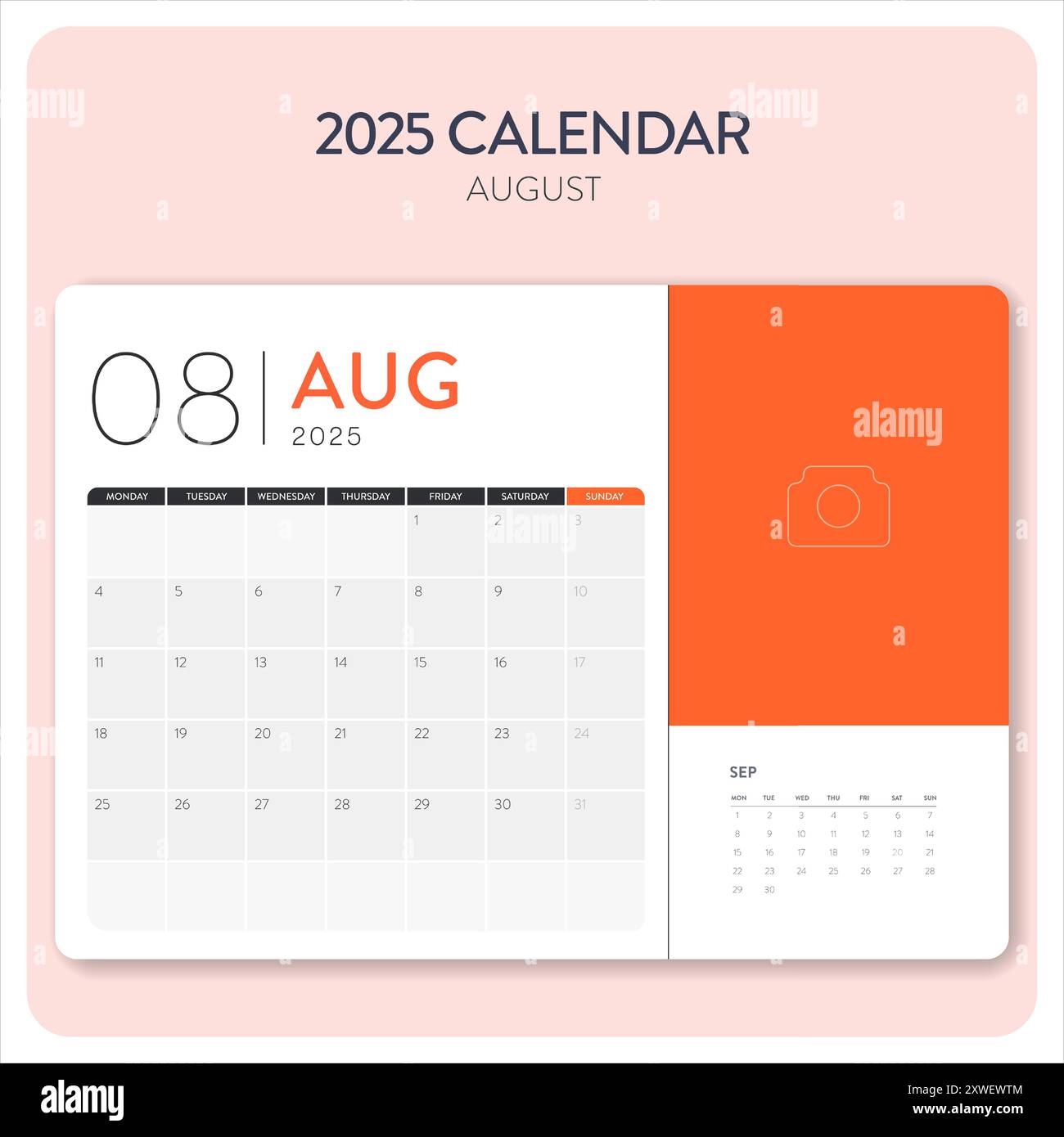 Calendar August 2025 template vector. Desk, wall calendar for print
