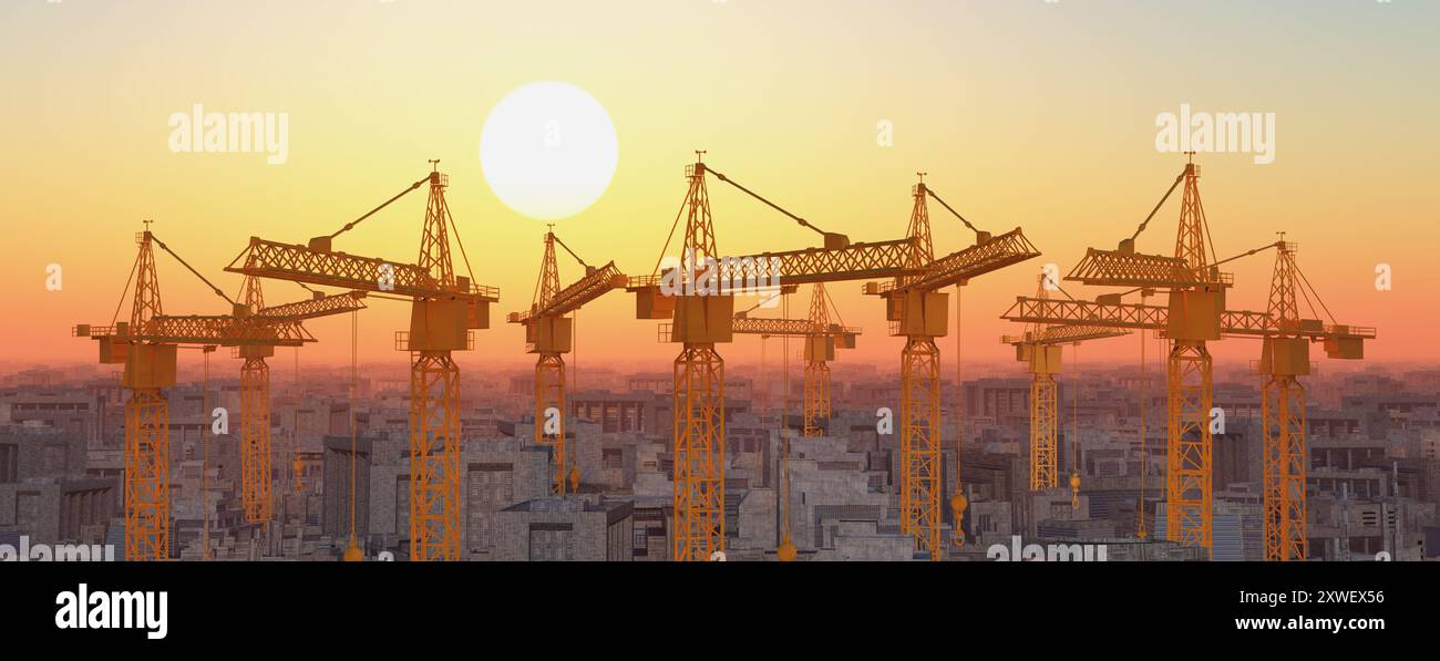 Construction cranes and big buildings at sunset Stock Photo