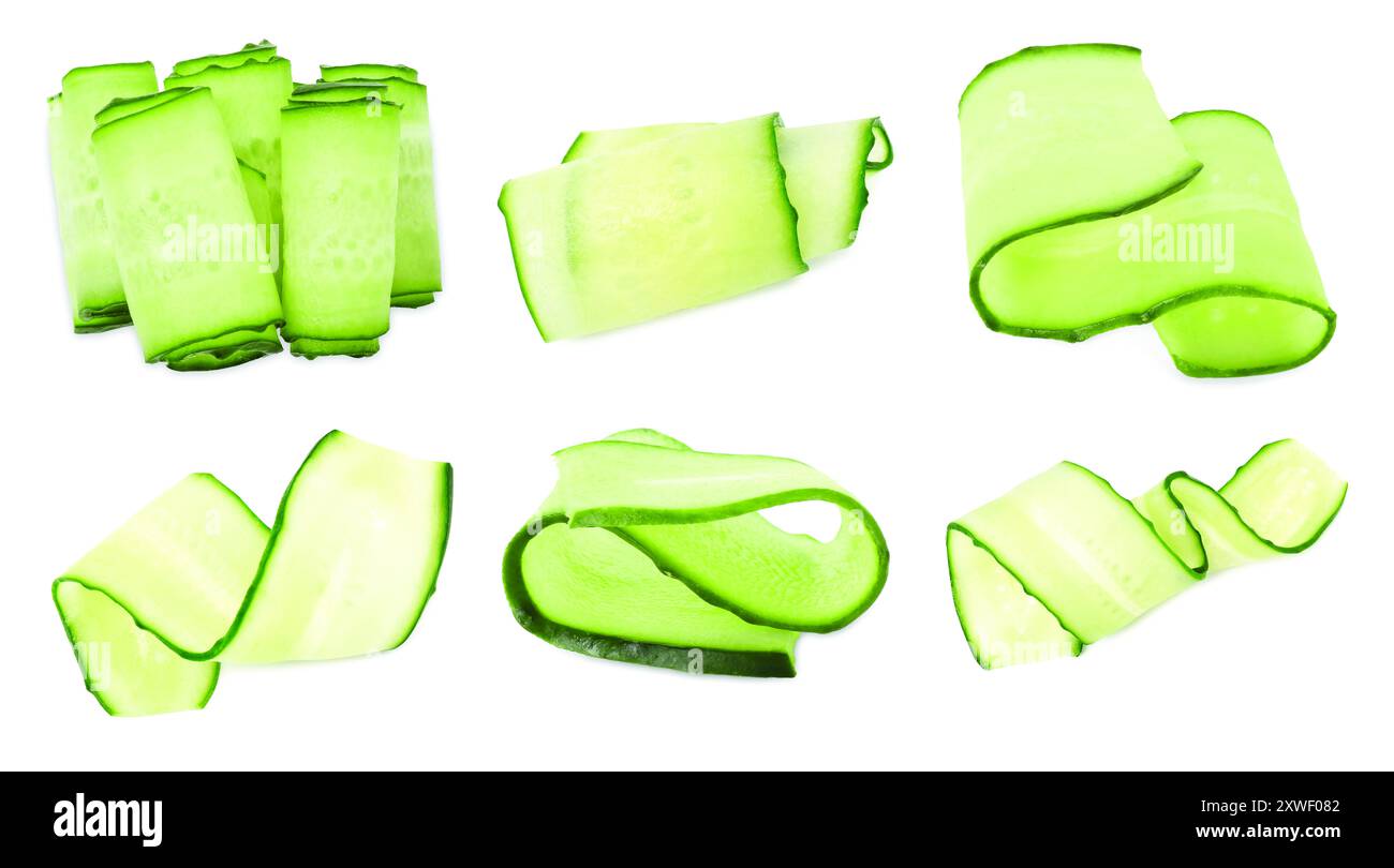 Thinly sliced cucumbers isolated on white, collage Stock Photo