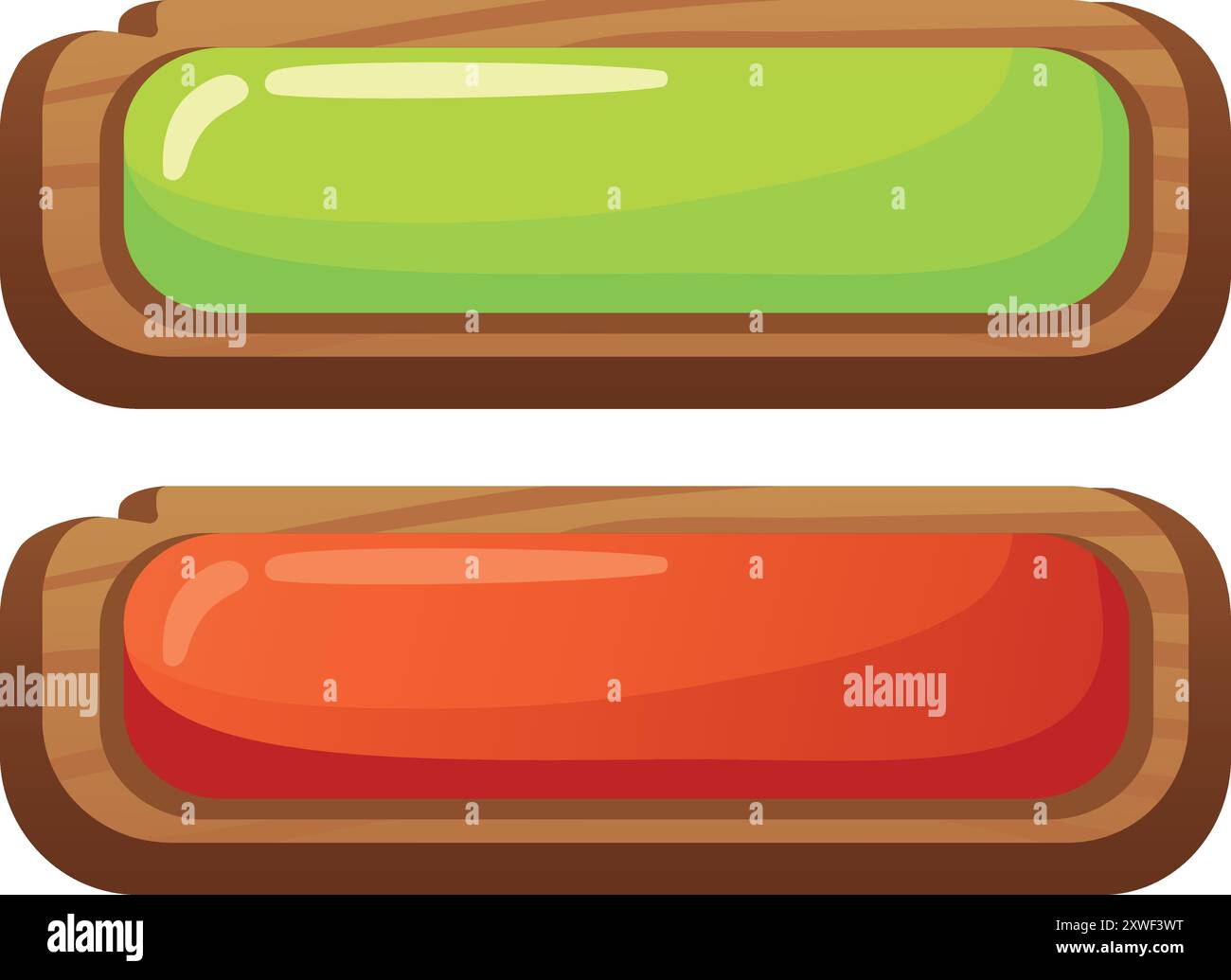 Green and red buttons. Cartoon wood ui element Stock Vector