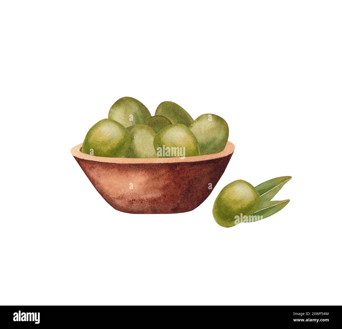 Bowl with olives. Watercolor hand drawn illustration, isolated on white ...