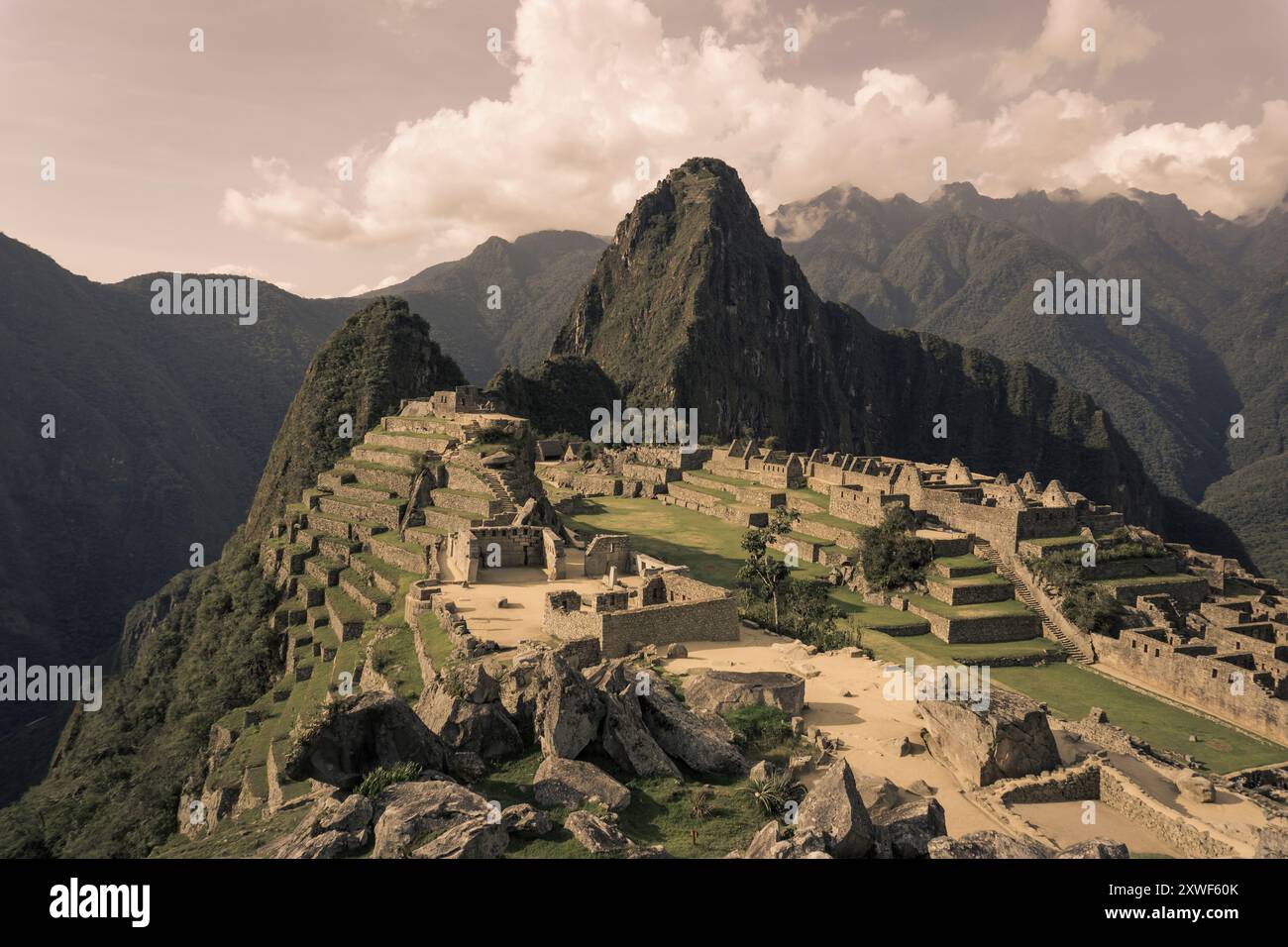 View of the lost İnca city Machu Picchu, Peru. Agriculture terraces at ...