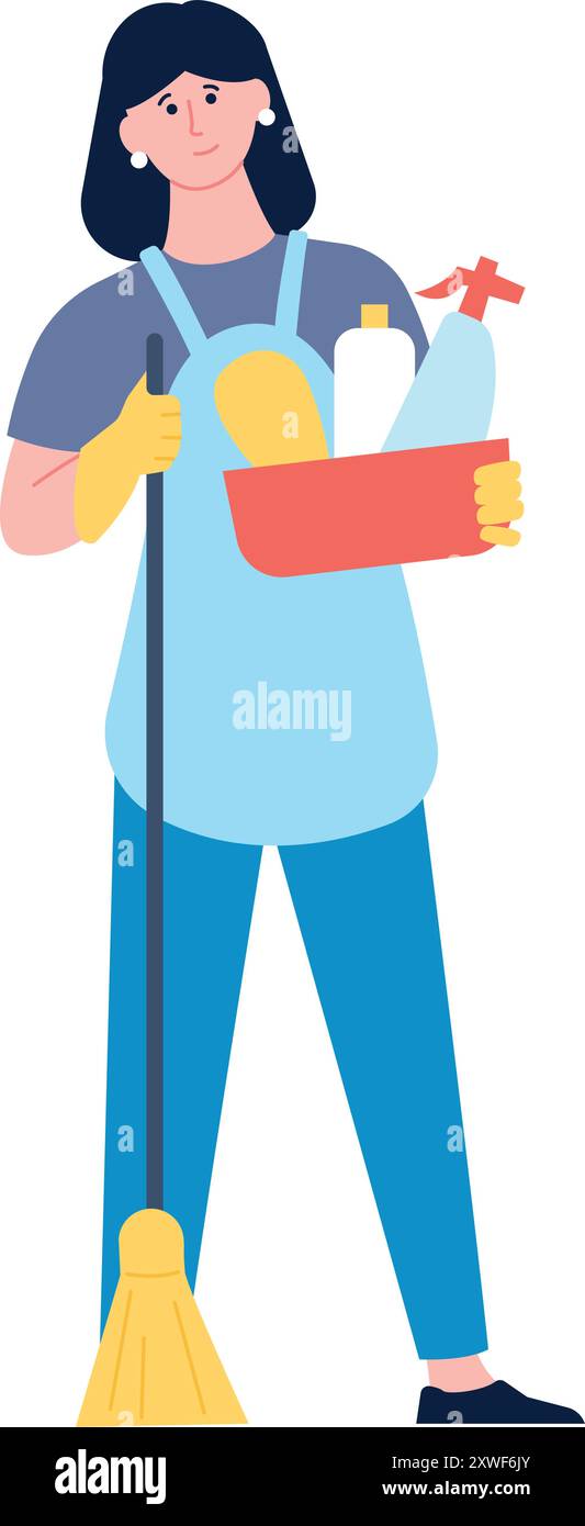 Woman with broom and cleaning detergents. Maid color character Stock ...