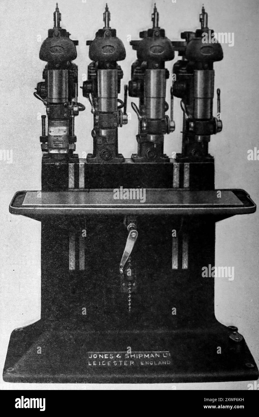 The Jones and Shipman (Leicester, England) four-unit drilling machine. This photograph is from a large selection of mainly unattributed engineering illustrations and photos which were originally published in 1936. The sizes and quality of the originals vary quite widely. Stock Photo