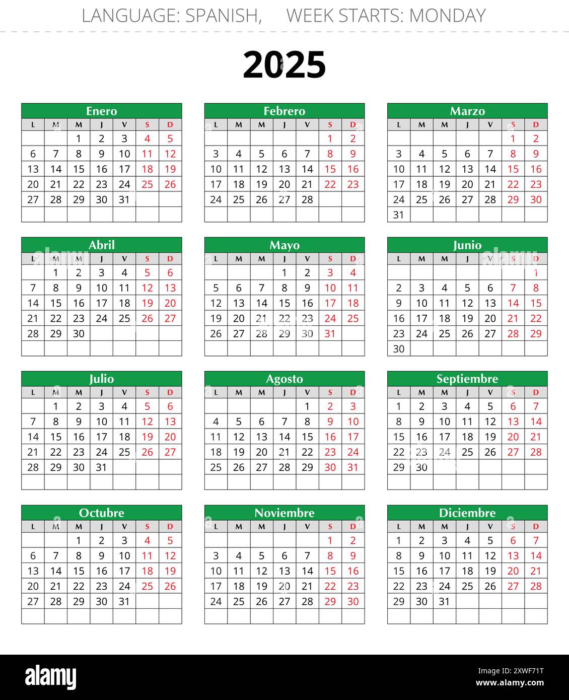 2025 year vertical spanish calendar. Printable vector green illustration for Spain Stock Vector