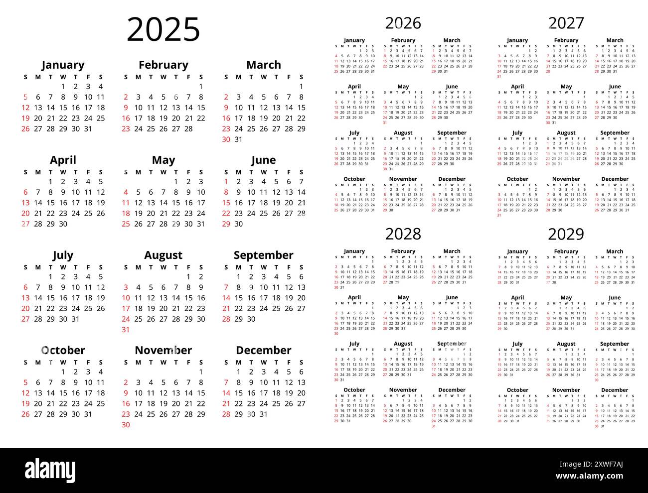2025, 2026, 2027, 2028, 2029 years english calendars with 12 months. Simple printable vector