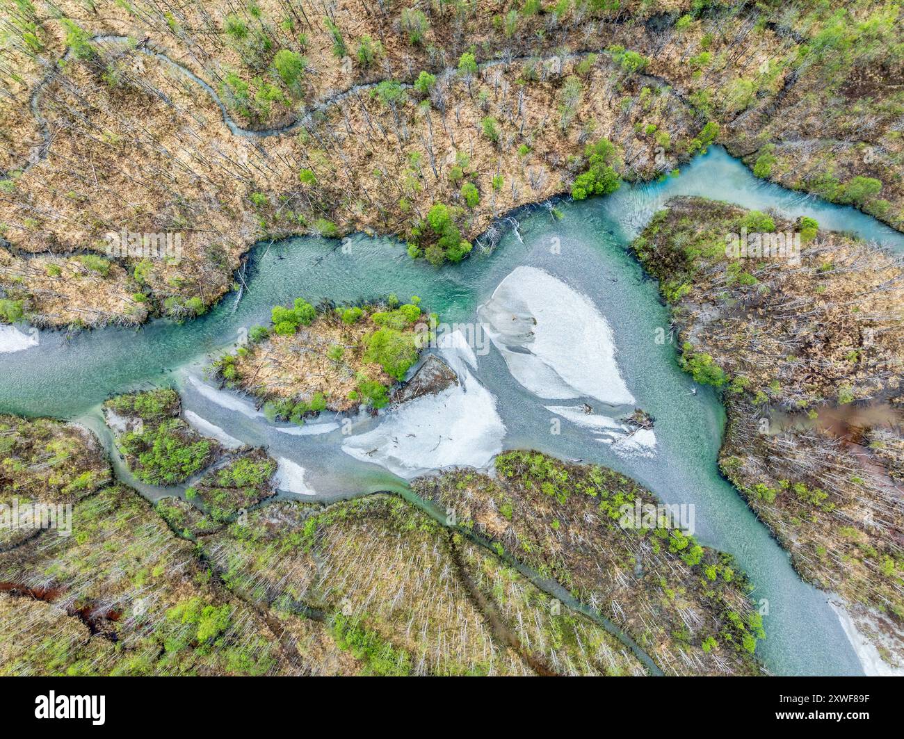 The widely branching arms of river Jostedalsola, a glacial river originating in the Jostedalsbreen glacier, Norway. Stock Photo