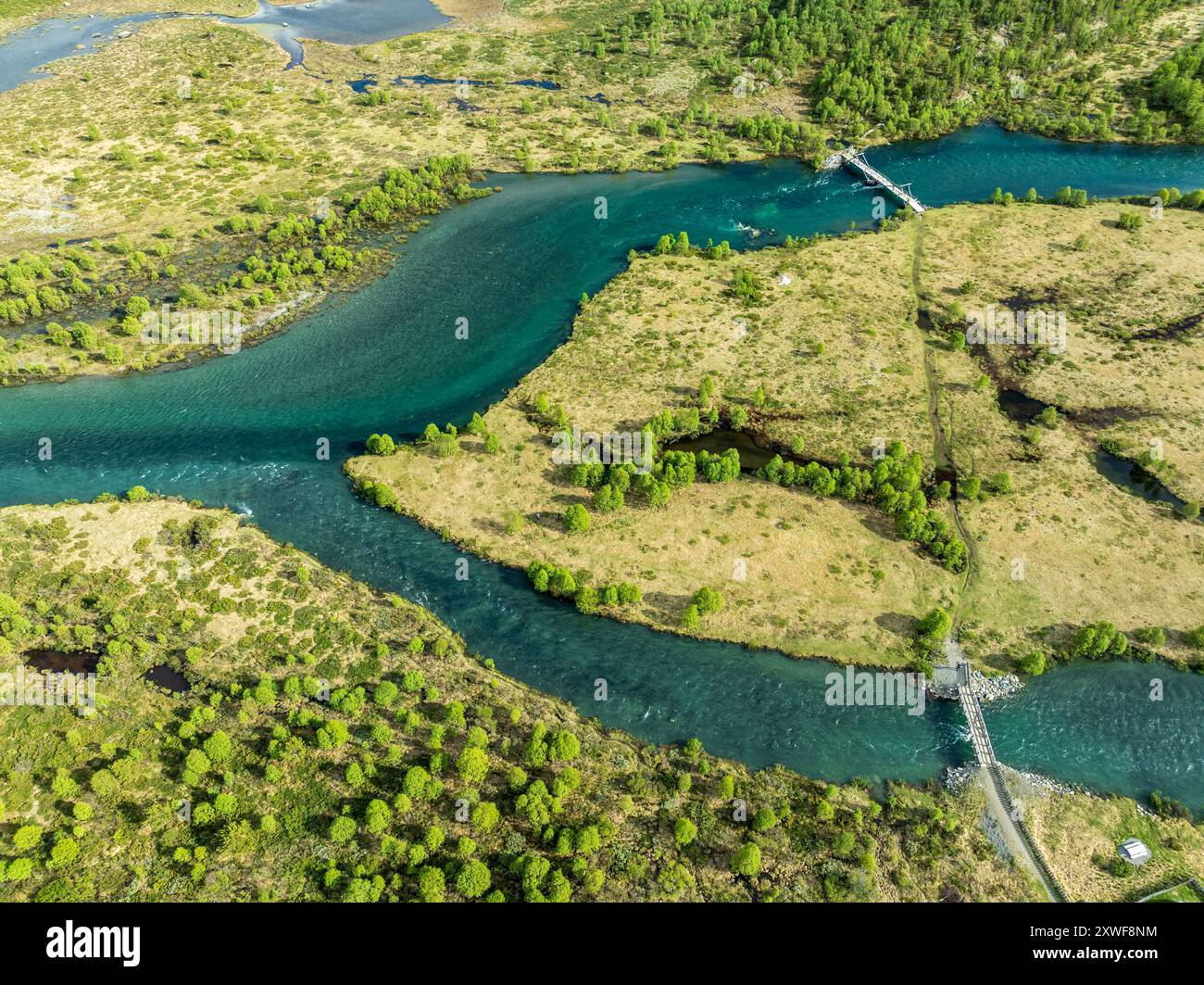 Start of hiking path Hulderstigen, upper valley of river Sjoa, bridge over the river, aerial view, Jotunheimen, Norway Stock Photo