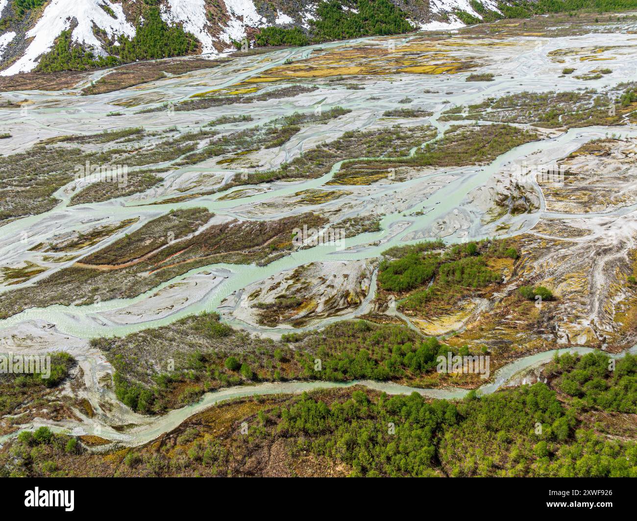 The widely branching arms of river Jostedalsola, a glacial river originating in the Jostedalsbreen glacier, Norway. Stock Photo