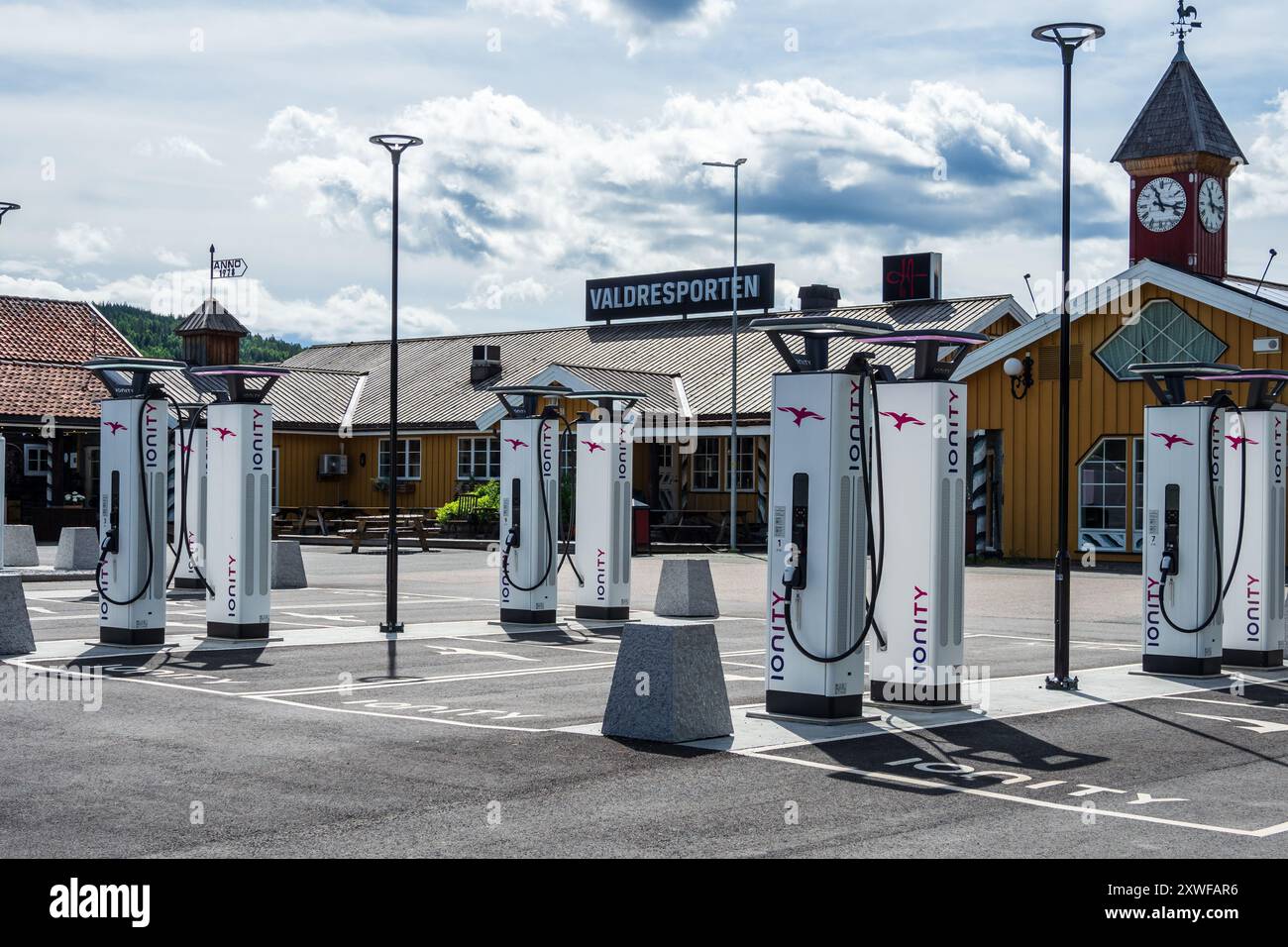 Valdresporten gas and charging station,  multiple electric charging stations, Valdres, Norway. Stock Photo