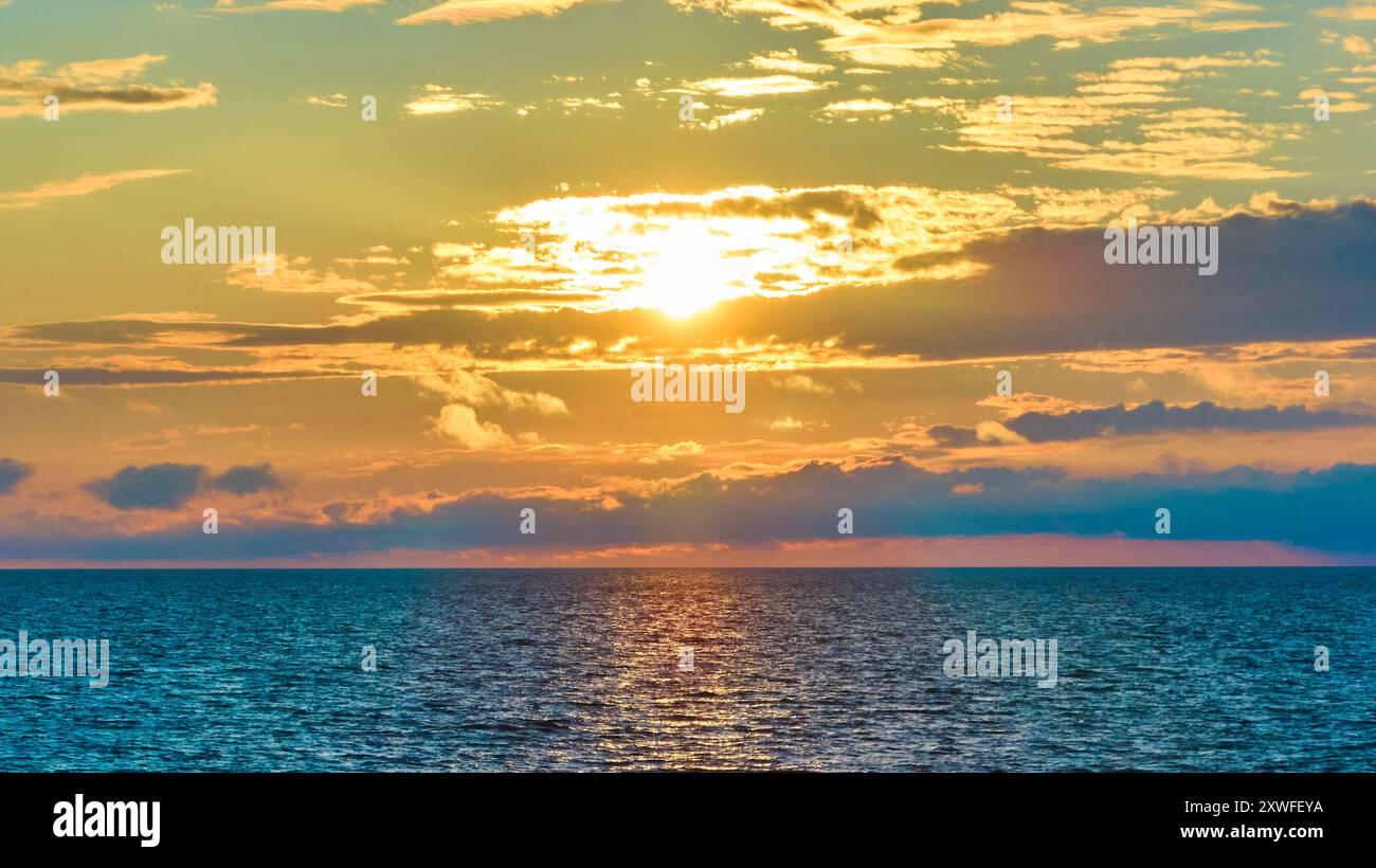 Aerial Sunset Over Tranquil Lake Michigan during Golden Hour Stock Photo